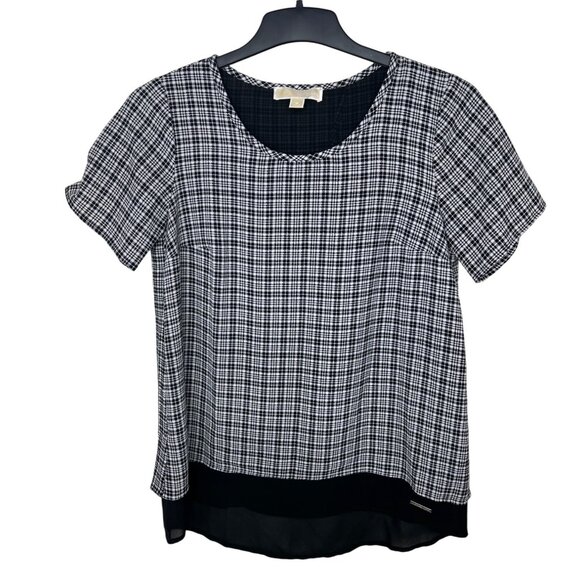 Michael Kors Womens Black & White Plaid Short Sleeve Top With Split Back Medium - Picture 13 of 14